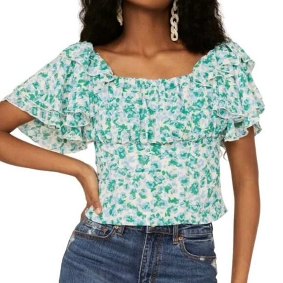 Molly Bracken Blue Green Ruffle Sleeve Top Medium - Picture 1 of 5